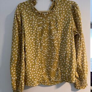 Abound Mustard Yellow White Printed Ruffle Neck Blouse